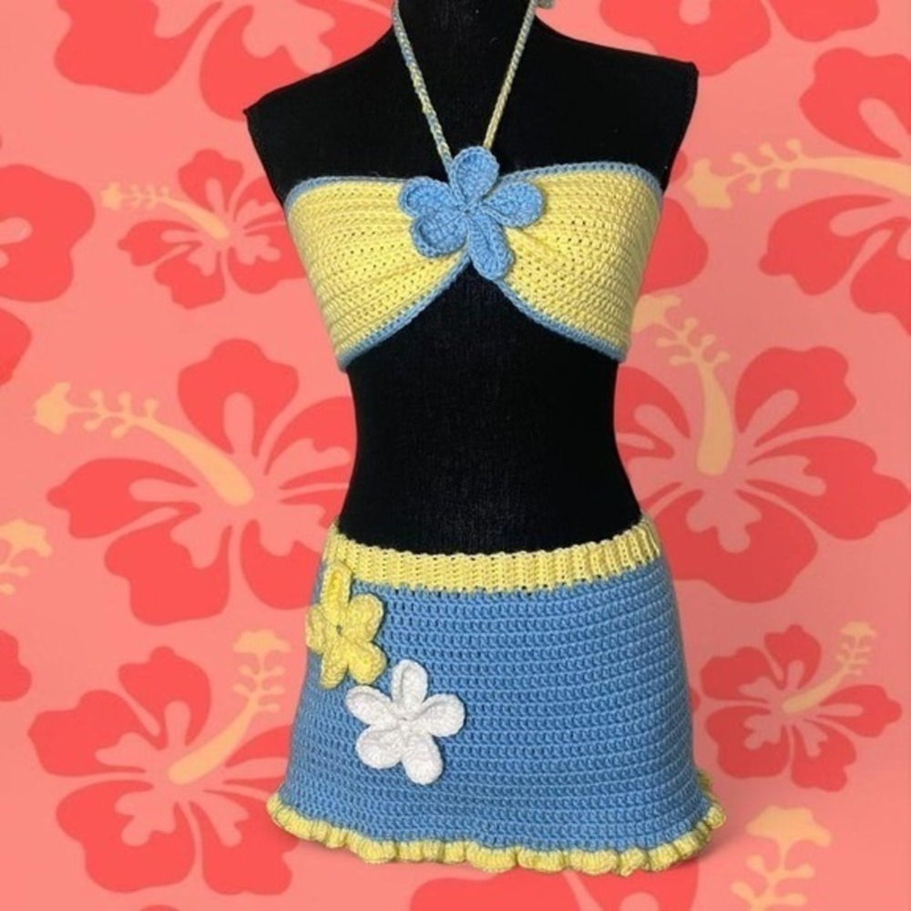 blue and yellow crocheted Hawaiian mini skirt and bikini top set, size small